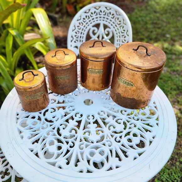 Vintage Copper Kitchen Canister Set Flour Sugar Coffee Tea Rustic Farmhouse - Picture 6 of 11
